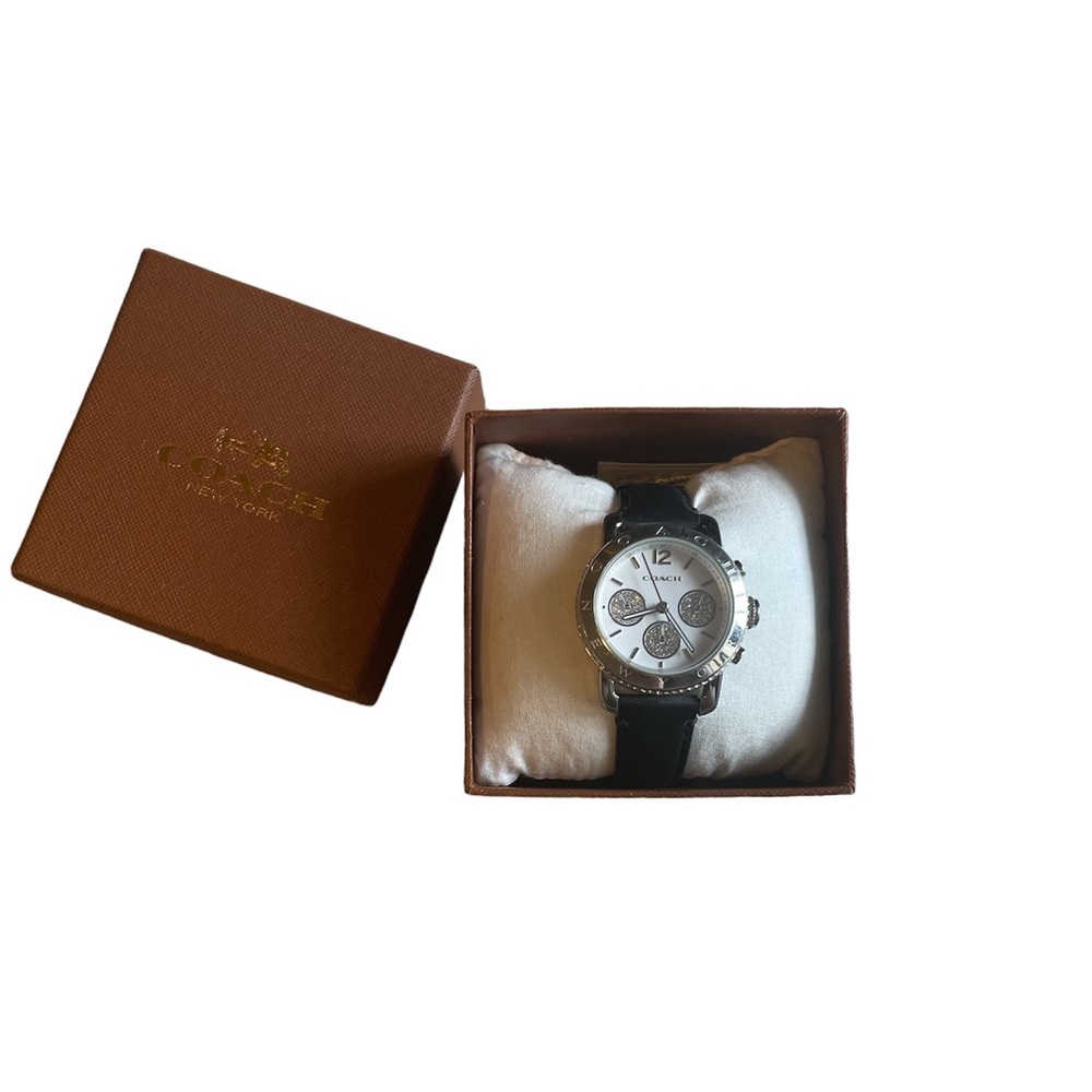 Coach Rhinestone and Black Leather Watch with Box